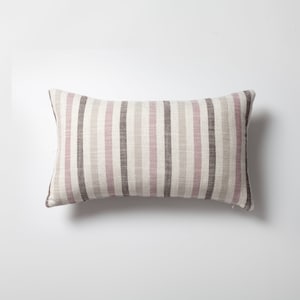 Linen Lumbar Pillow Cover: Pink Brown Striped Woven Throw (12x20)