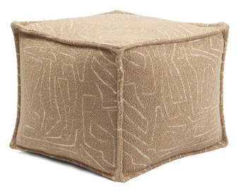 Camel and White Minimal Abstract Patterned Design, Woven Fabric, Cozy Square Handmade Ottoman Poof, BeanBag Pouffe Cover