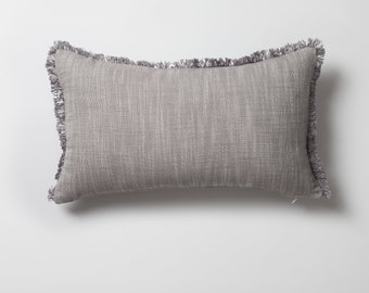 Grey Linen Natural Tassel Trim Fabric Modern Decorative Covers Pillows 12x20 inch 30x50 cm Lumbar Rectangle Coastal Throw Pillow Cover Case