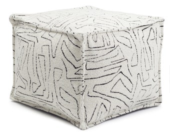 White and Beige Minimal Abstract Patterned Design, Woven Fabric, Cozy Square Handmade Ottoman Poof, BeanBag Pouffe Cover