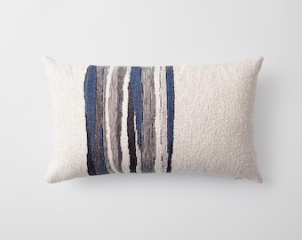 Boho Navy Blue Lumbar Pillow Cover: Handwoven Abstract Striped Cushion