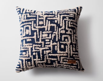 Navy Blue Tufted Throw Pillow Cover: Geometric Beige Fabric, 18x18