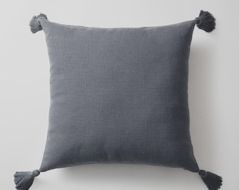 Dark Gray Linen Pillow Cover: Woven Fabric with Tassels, 20x20