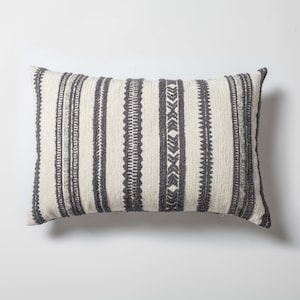Gray Ethnic Stripe Lumbar Pillow Cover: Jacquard Woven Boho Decor (16x24)