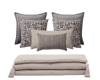 Woven Linen Bed Scarf with Tassels & Throw Pillow Set