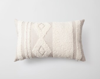 Boho Lumbar Pillow Cover: Cream Plush, Striped Kilim Design