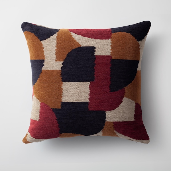 Bauhaus Pillow Cover: Burgundy Brown Geometric Jacquard Throw Cushion