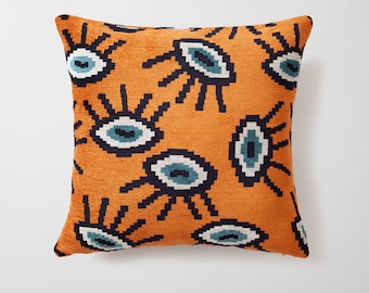 Burnt Orange Evil Eye Pillow Cover: Ikat Woven Jacquard, 18x18 Inch