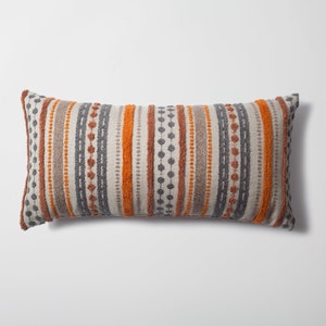 Burnt Orange |  Terracota Brown |  Grey Striped Lumbar Pillows | Linen Textured Tufted Woven Unique Fabric | Cover Couch , Bed Decor Pillow