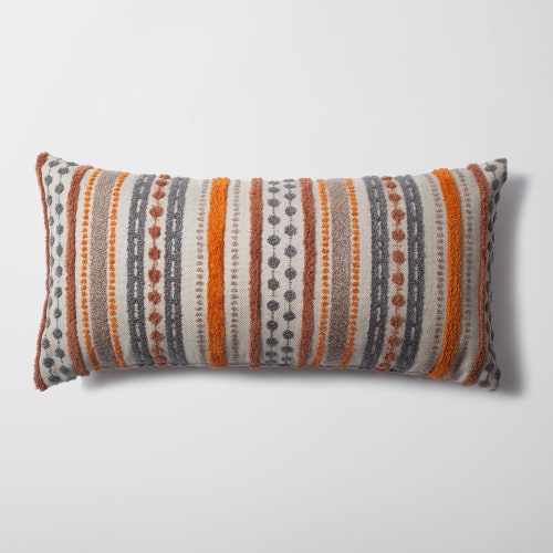Burnt Orange |  Terracota Brown |  Grey Striped Lumbar Pillows | Linen Textured Tufted Woven Unique Fabric | Cover Couch , Bed Decor Pillow