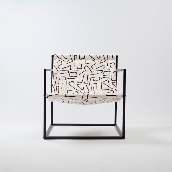 Midcentury Modern Accent Chair: Black Steel Frame, Patterned Jacquard Sling