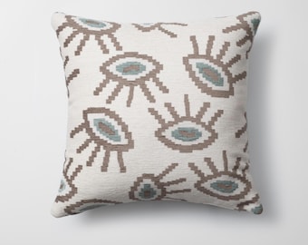 Evil Eye Ikat Pillow Cover: Natural Woven Jacquard, 18x18 Inch