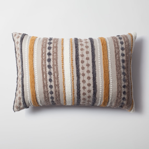 Mustard Yellow Grey White Striped Lumbar Pillows Linen Textured