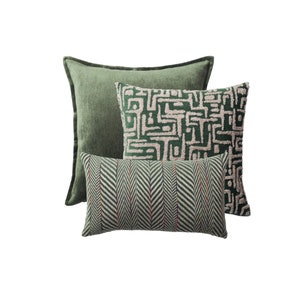 Set of 3 Emerald Dark Green Throw Pillow Cover Set , Solid -  Mid Century Patterned 20x20 , Small Scale 12x20 Herringbone Chevron Lumbar