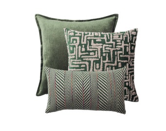 Set of 3 Emerald Dark Green Throw Pillow Cover Set , Solid -  Mid Century Patterned 20x20 , Small Scale 12x20 Herringbone Chevron Lumbar