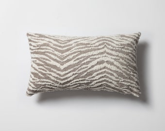 Zebra Pattern Tufted Lumbar Pillow Cover: Modern Beige White Plush (12x20)