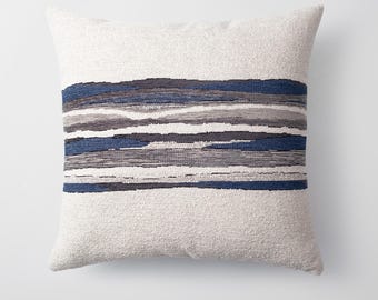 Boho Textured Throw Pillow Cover: Navy Blue Abstract Striped Cushion