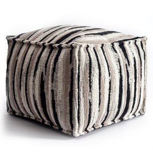 Black White and Beige Ottoman Pouf Footstool Tufted Scandinavian Style Design Woven Leather Large Cozy Moroccan Square Handmade Poof Pouffe image 2