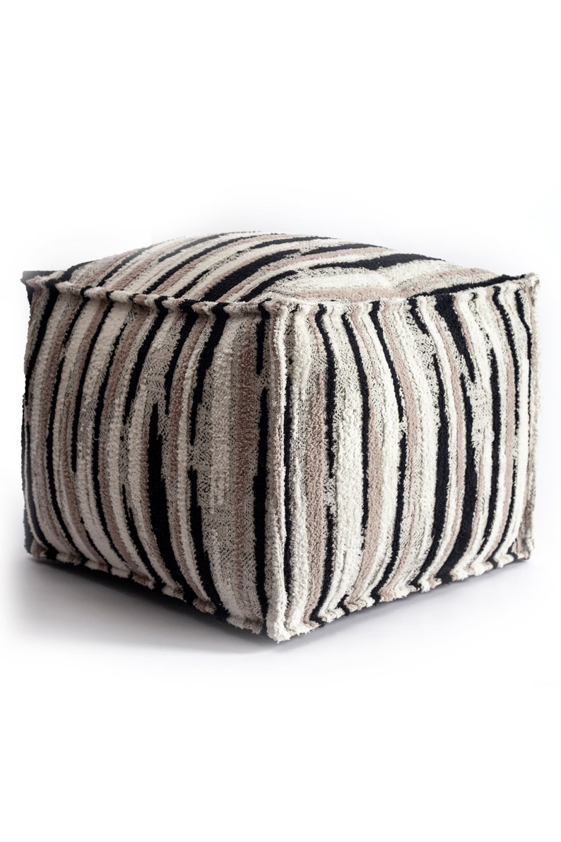 Black White and Beige Ottoman Pouf Footstool Tufted Scandinavian Style Design Woven Leather Large Cozy Moroccan Square Handmade Poof Pouffe image 2