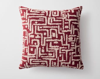Mid-Century Modern Geometric Throw Pillow Cover: Burgundy Beige Jacquard