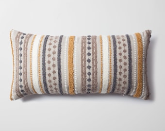 Striped Lumbar Pillow Cover: Mustard Yellow, Grey, White Woven Linen (14x28)