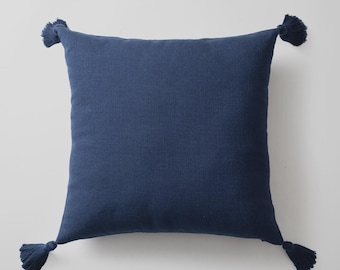 Navy Blue Linen Pillow Cover: Natural Woven Tassel Cushion, 20x20
