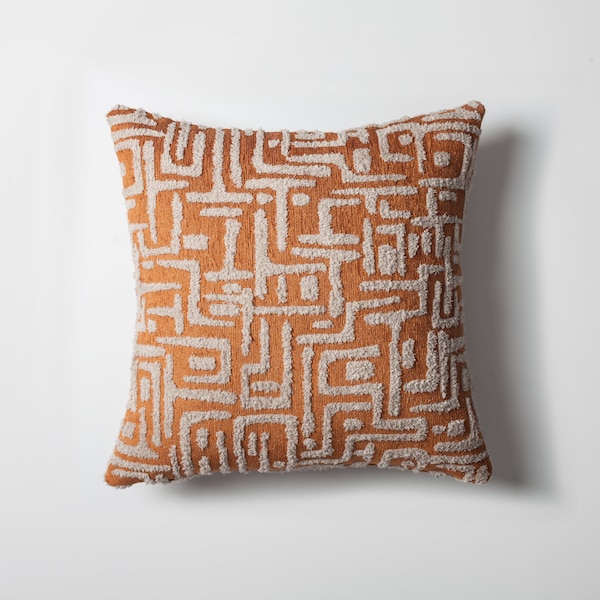 Burnt Orange Geometric Design Throw Pillow Cover | Mid Century Modern Decoration | Woven Jacquard Plush Fabric 45x45 cm 18x18 inch Case