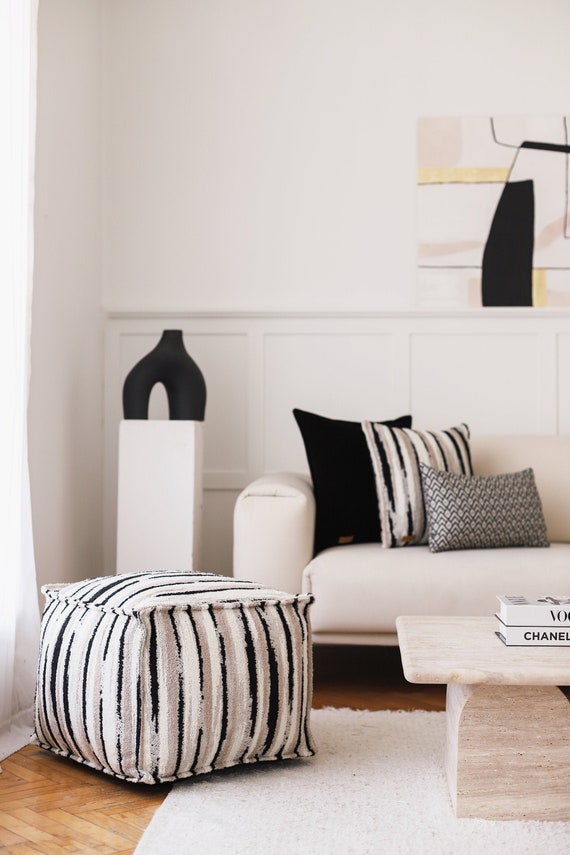 Black White and Beige Ottoman Pouf Footstool Tufted Scandinavian