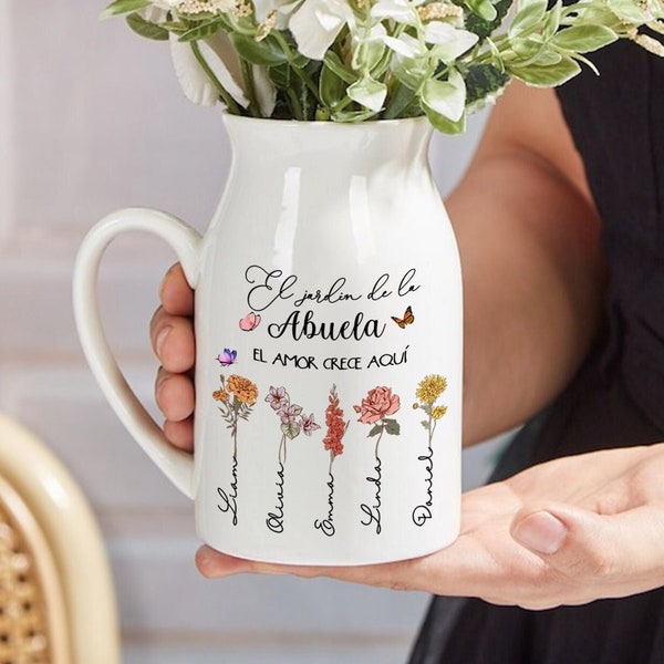 Vase de fleurs personnalisé du jardin d'Abuela, El Jardin de La Abuela, cadeau de fleurs de mois de naissance pour Abuelita, cadeaux Madre, cadeau de fête des mères