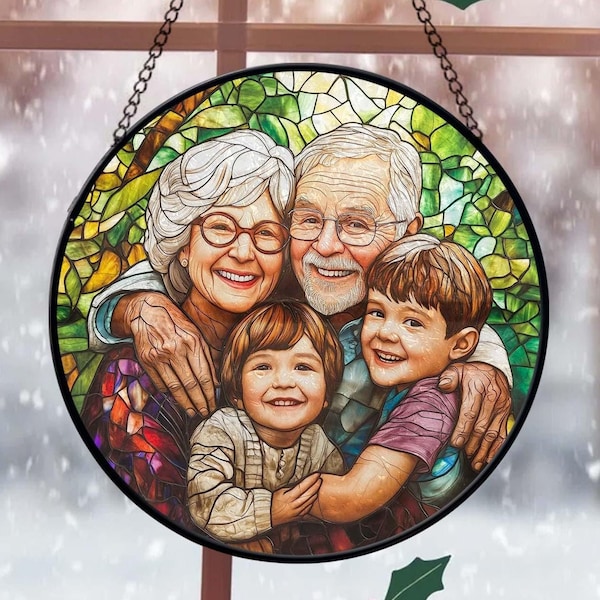 Custom Grandparents& Grandkids Portrait Faux Stained Glass, Custom Photo Family Window Hanging Ornament, Christmas Gift For Grandma, Grandpa