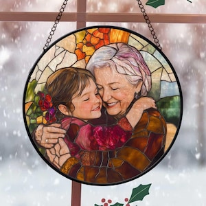 Personalized Grandma And Grandkids Portrait Faux Stained Glass, Custom Photo Family Window Hanging Ornament, Christmas Gift For Mom, Grandma