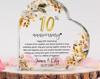 Personalized 10th Wedding Anniversary Gift Heart Acrylic Plaque, 10th Aluminum Wedding Gifts For Parents, Tin Anniversary Gift, Husband Gift