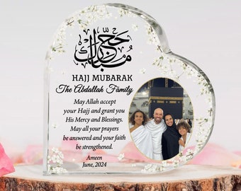 Personalised Hajj Mubarak Heart Acrylic Plaque, Custom Photo Family Islamic Gift, Hajj Mubarak, Muslim Gift, Umrah Kaaba, Ramadan, Eid Gift