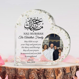 Personalised Hajj Mubarak Heart Acrylic Plaque, Custom Photo Family Islamic Gift, Hajj Mubarak, Muslim Gift, Umrah Kaaba, Ramadan, Eid Gift