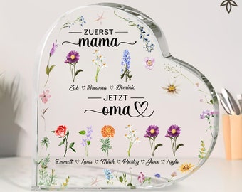 Personalisierte deutsche „Zuerst Mama Jetzt Oma“-Herz-Acryltafel, Geburtsmonats-Blumengeschenk für Oma, Weihnachtsgeschenk, Muttertagsgeschenk