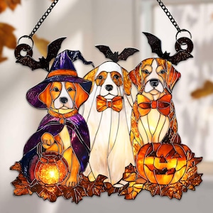 Ghost Dog Acrylic Window Hanging, Spooky Season Gift, Halloween Ghost Dog Suncatcher, Halloween Pumpkin Dog Decor, Cute Boo Dog Halloween