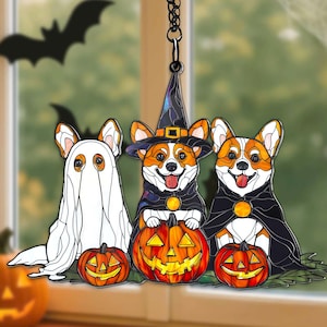 Corgis Acrylic Window Hanging, Spooky Season Gift, Halloween Ghost Dog Suncatcher, Halloween Pumpkin Dog Decor, Cute Boo Dog Halloween