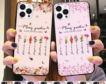 Étui de téléphone personnalisé jardin de grand-mère fleurs mois de naissance, étui de téléphone jardin jardin de maman fleurs avec noms d'enfants, cadeau de Noël pour grand-mère, maman