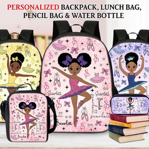 Sac à dos personnalisé pour la rentrée des classes pour enfants afro-américains, petite ballerine afro-américaine, sac à lunch, trousse, cadeau de rentrée
