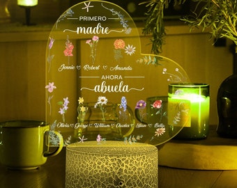 Personalized Primero Madre Ahora Abuela Heart 3D Led Night Light, Birth Month Flowers Gifts For Mom, Birthday Gifts For Grandma