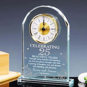 Personalized 25th Wedding Anniversary Acrylic Desk Table Clock, 25 Silver Wedding Gift For Parents, Husband, Silver 25 Anniversary Gift