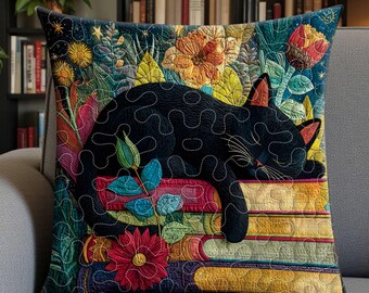 Black Cat Books Quilted Pillow Case, Faux Embroidered Book Lover Cushion Cover, Reader Gift Decor, Literary Throw Pillow for Book Lovers