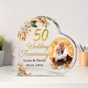 Personalized Photo 50th Wedding Anniversary Gift Heart Acrylic Plaque, 50 Gold Wedding Cake Topper Gifts, Golden 50 Anniversary Gift