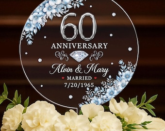 Gepersonaliseerde 60e huwelijksverjaardag acryl taarttopper, 60e diamanten bruidstaarttopper, 60e verjaardag, 60e huwelijksverjaardag decor