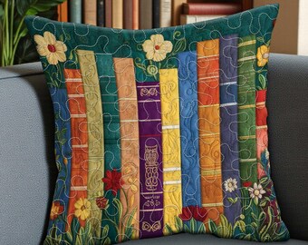 Books Quilted Pillow Case, Faux Embroidered Book Lover Cushion Cover, Reader Gift Decor, Literary Throw Pillow for Book Lovers and Libraries