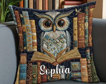 Books Quilted Pillow Case, Owl Reading Book Cushion Cover, Reader Gift Home Decor, Literary Throw Pillow for Book Lovers and Libraries