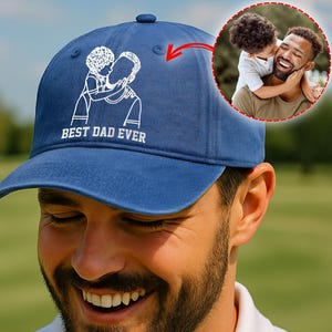 Custom Outline Portrait Distressed Washed Printed Hat, Father&#39;s Day Gift For Dad, Grandpa, Portrait From Photo, Birthday Dad Gift From Kids