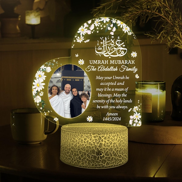 Lampe 3D Omra Moubarak personnalisée, Veilleuse islamique familiale avec photo personnalisée, Calligraphie islamique, Hajj Moubarak, Kaaba Eid, Ramadan Moubarak