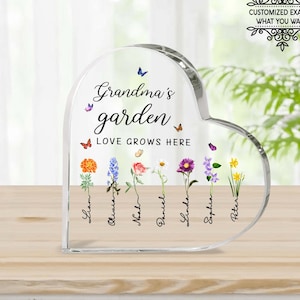 Personalized Grandma&#39;s Garden Heart Acrylic Plaque, Mothers Day Gift For Grandma, Personalized Gift For Grandma, Birth Month Flower
