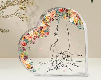 Plaque acrylique coeur prénom maman et enfant mains personnalisées, cadeaux de fête des mères personnalisés de sa fille, cadeau de Noël pour maman, prénoms d'enfants personnalisés